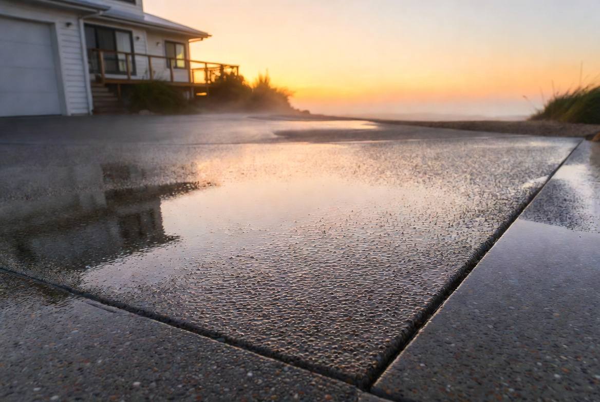 Professionally cleaned and sealed outdoor concrete near the bay